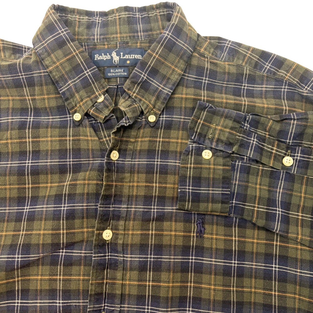 Ralph Lauren Blaire Mens Large Green Navy Plaid Cotton Button Down Shirt L